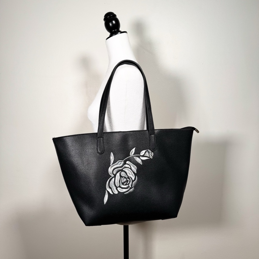 Black Faux Leather Tote Bag with Metallic Silver Rose Embroidery